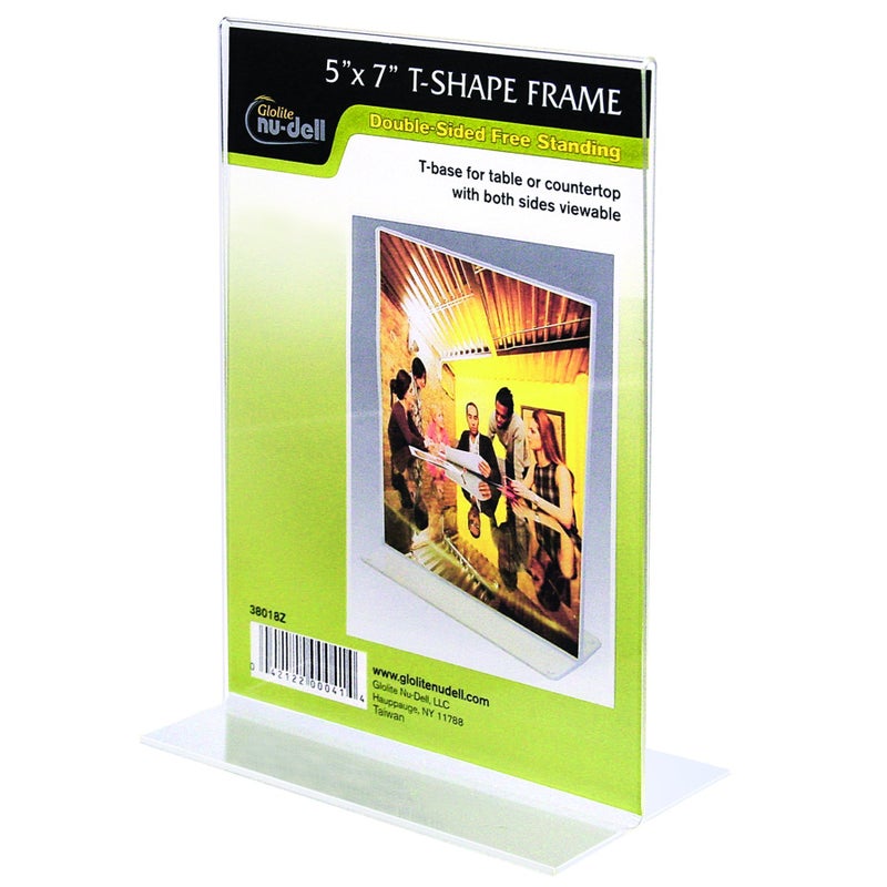 NuDell 5" x 7" Table Top Double Sided T-Base Freestanding Sign Display Frame, Clear - Image 1
